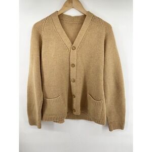 Vintage Handmade Knit Wool Cardigan Women M/L Camel Tan Cozy Basic Layers
